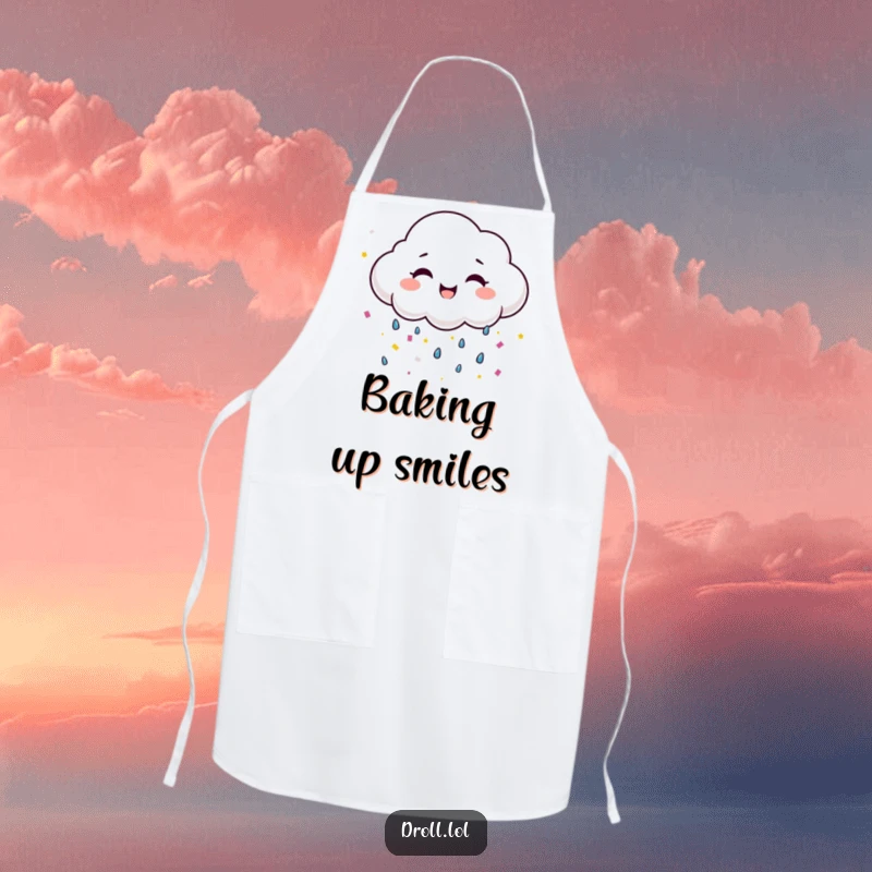 Funny happy cloud with a wide smile raining confetti, a humorous apron for joyful cooking.