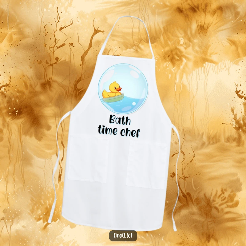 Funny apron design: a happy rubber duck sails inside a giant bubble, ready to add humor to meal preparation.
