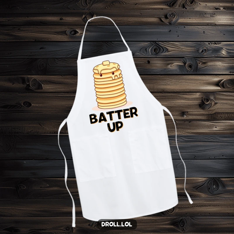 Funny wobbly pancake apron, practical for cooking, featuring a tower of pancakes attempting a balancing act.