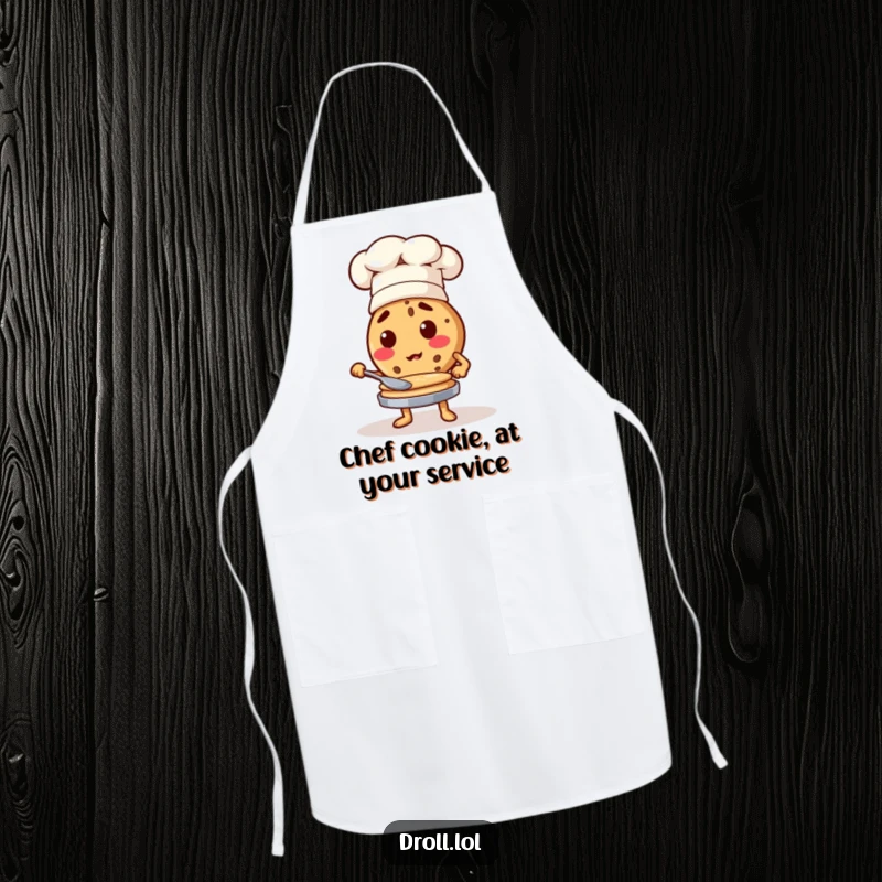 Funny cookie character in a chef hat flipping pancakes, a humorous apron for kitchen masters.