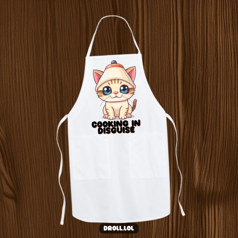 Funny Apron showing a mischievous cat comically wearing a lampshade as a hat with wide eyes, for kitchen fun.