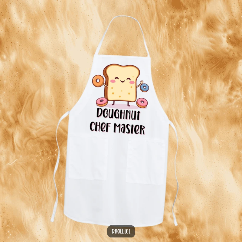 Funny apron featuring a happy slice of toast juggling donuts, ideal for the cheerful home cook.