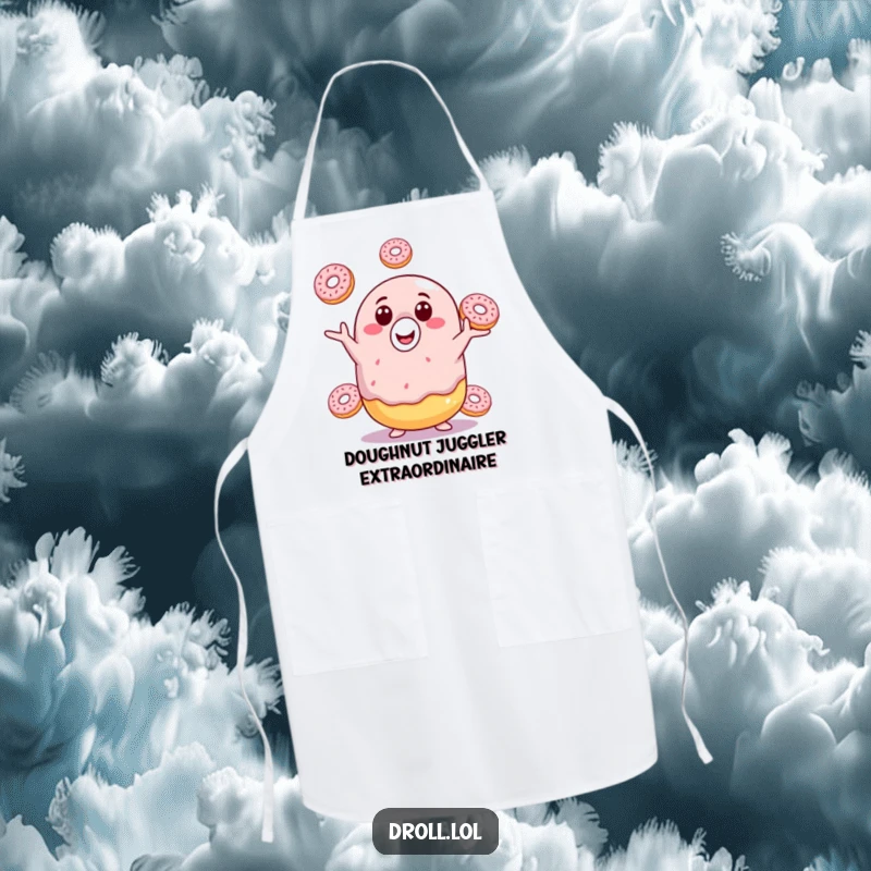 Funny donut apron showing a smiling donut juggling donuts, perfect for adding a humorous and sweet touch to kitchen activities.