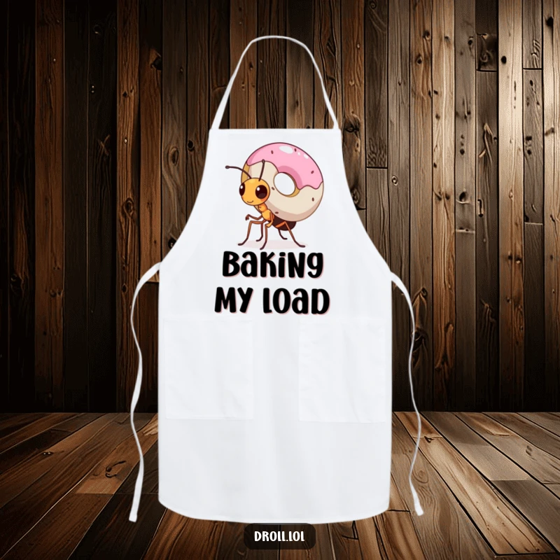 Funny apron showing a small, determined ant carrying an oversized donut, representing great effort and a love for treats.