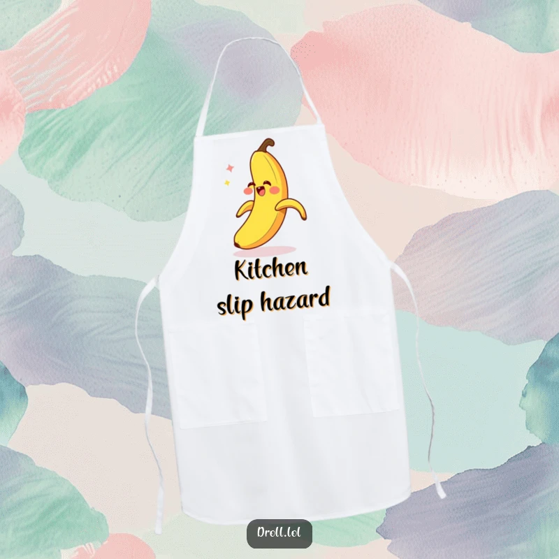 Funny Banana Slip Apron: A giggling banana peel comically slips on itself, a hilarious addition to any kitchen.