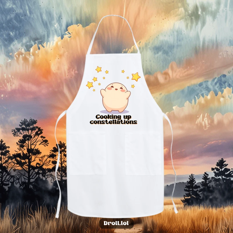 Funny apron depicting a playful blob character trying to catch shiny falling stars, ideal for kitchen magic.