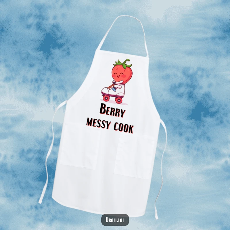 Funny Apron: A blushing strawberry riding backwards on a roller skate. Quirky and humorous kitchen wear.
