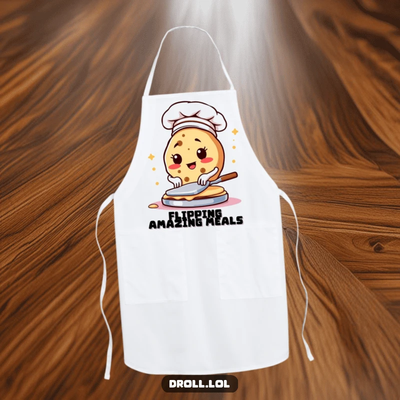 Funny apron depicting a determined cookie wearing a chef hat, flipping pancakes, for kitchen fun.