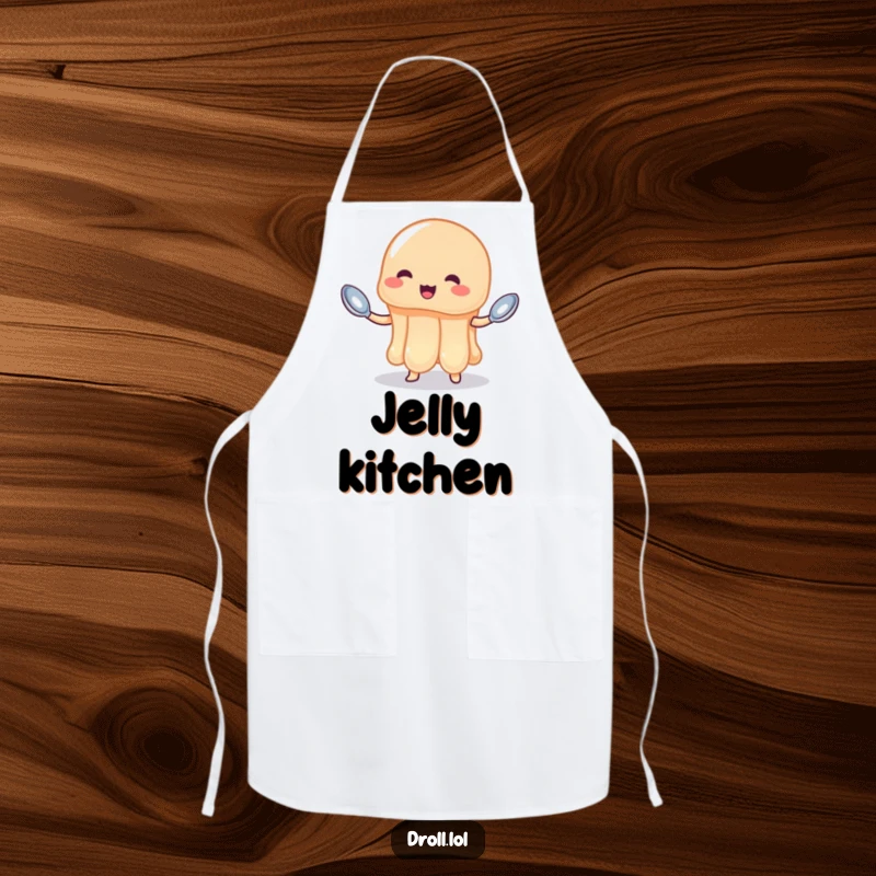 Funny jelly apron depicting a wobbly jelly attempting to juggle spoons, adding whimsical charm to the kitchen.