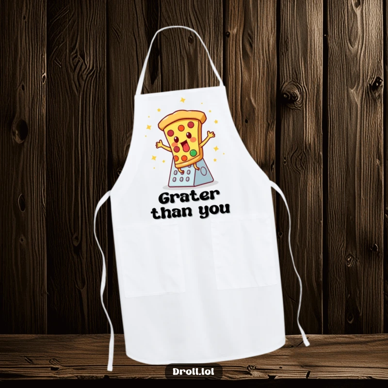 Funny apron: A pizza slice energetically disco dancing on a cheese grater, adding humor to culinary creations.