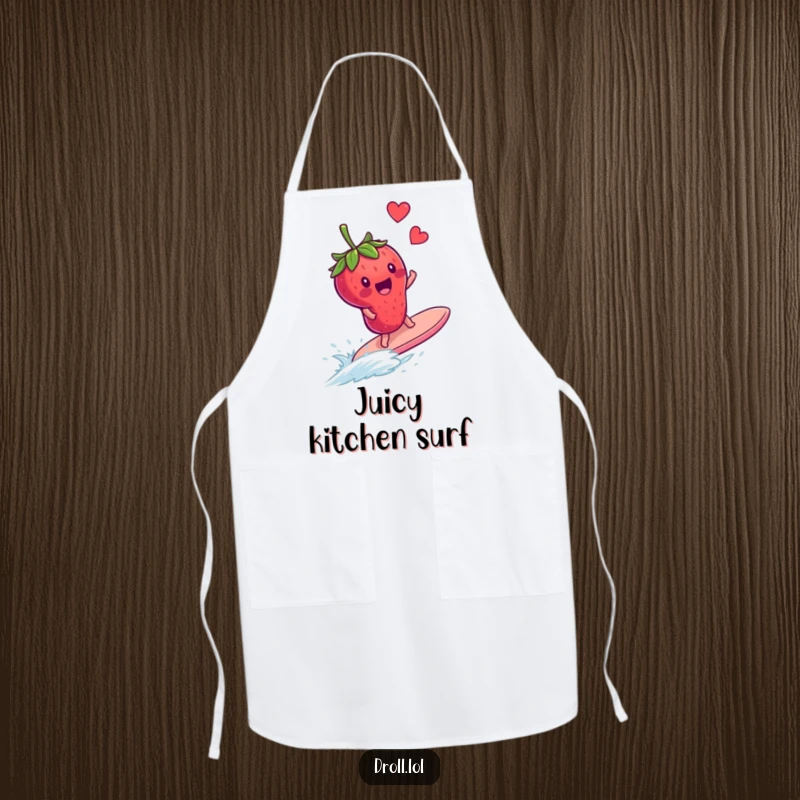 Funny apron print: a delighted strawberry surfs a speeding blueberry, illustrating a comical and energetic kitchen adventure.