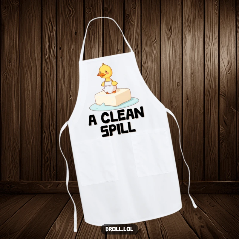 Funny apron illustrating a duck in an apron comically tripping over a giant, slippery bar of soap.
