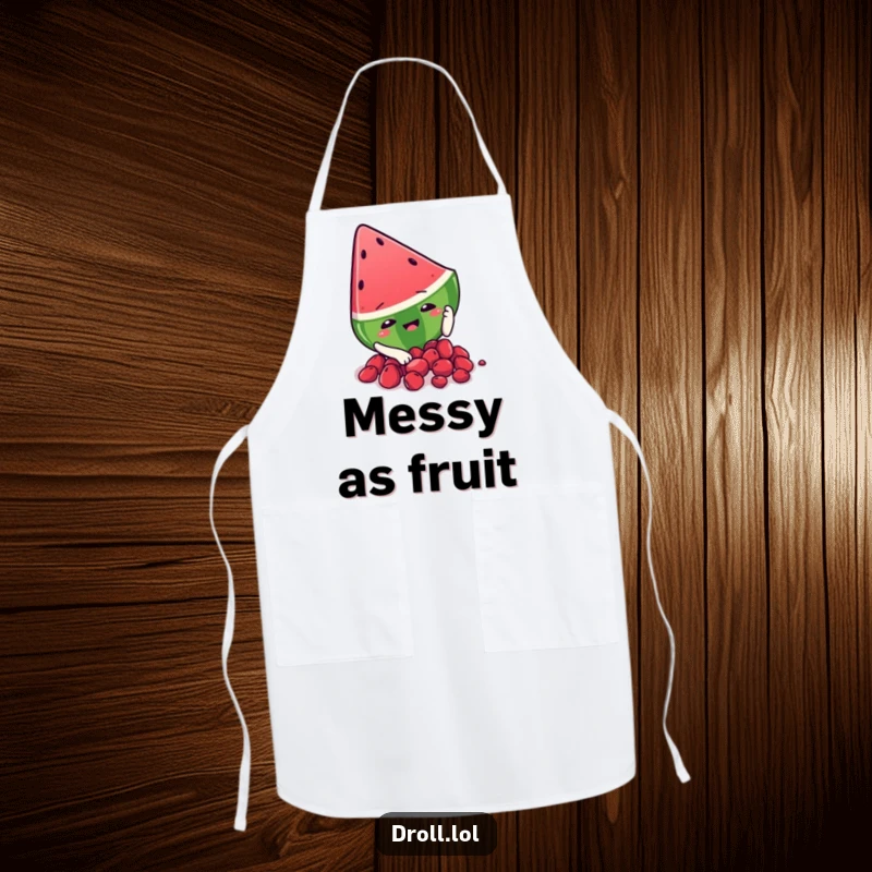 Funny watermelon slice character slipping on its seeds, depicted on a kitchen apron for a humorous and practical cooking experience.