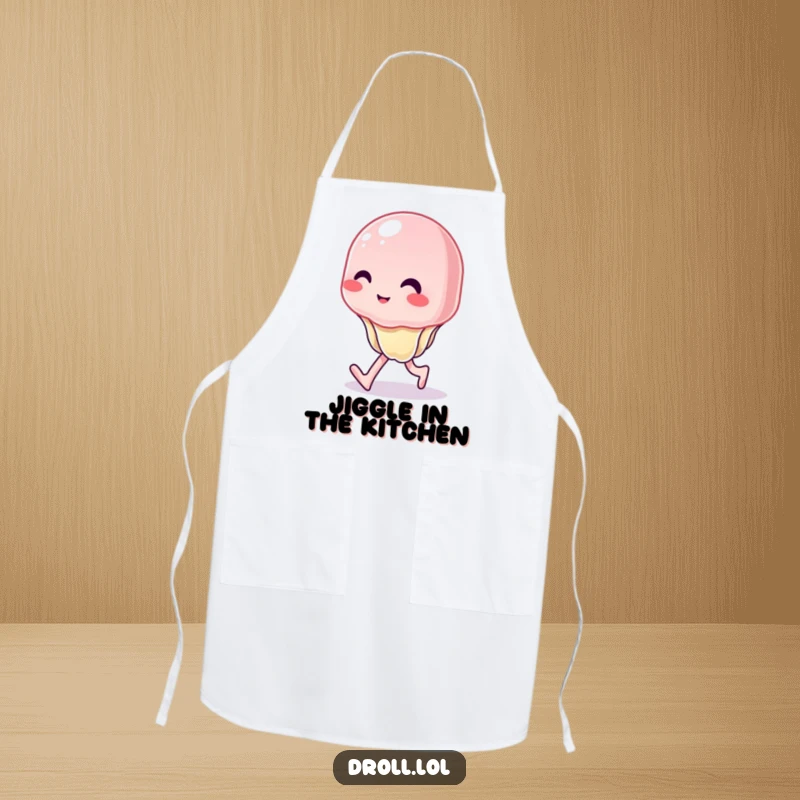 Funny apron illustrating a wobbly jelly character attempting to walk with a hilariously uncontrolled wiggle, perfect for a kitchen gift.