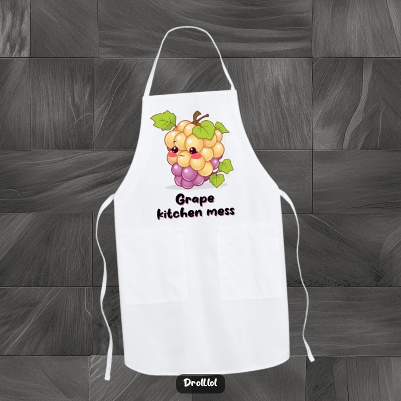 Funny apron: A grape blushing intensely after tripping over its own vine, bringing cute humor to kitchen tasks.