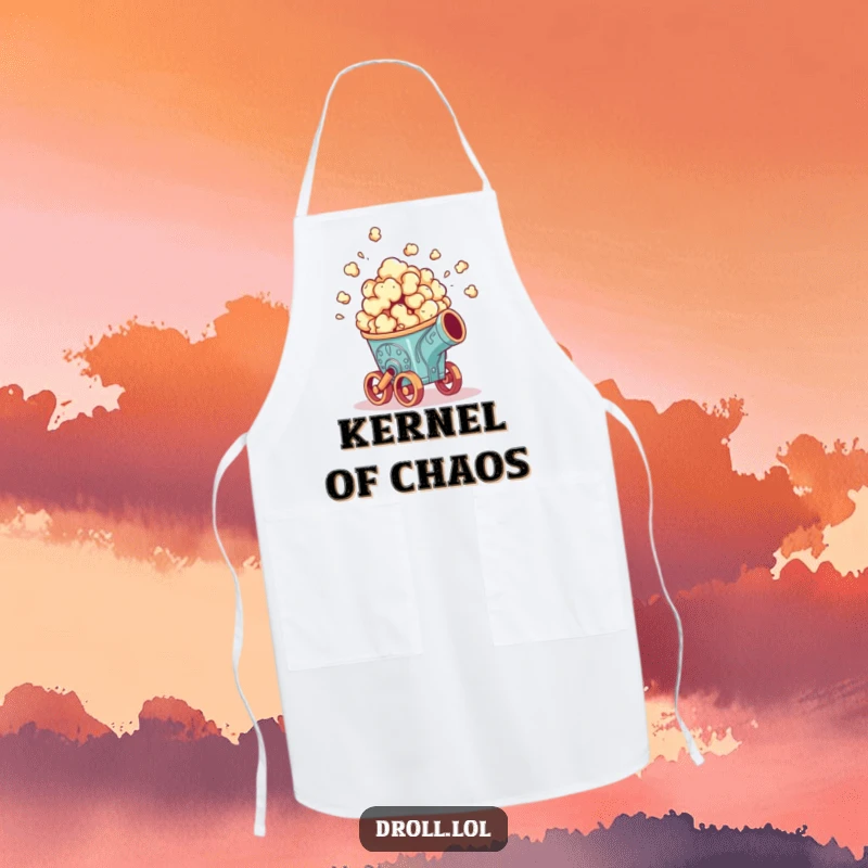 Funny apron: A cheerful popcorn piece erupting from a small, decorative cannon, adding a fun element to culinary tasks.