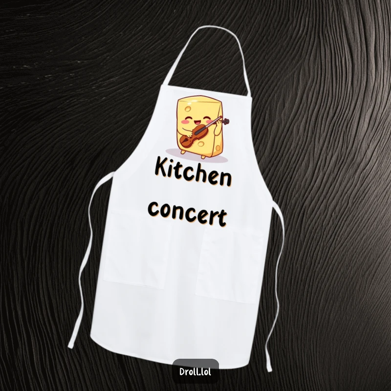 Funny smiling cheese wedge playing a tiny violin on a chef's apron, a humorous kitchen accessory for culinary musicians.