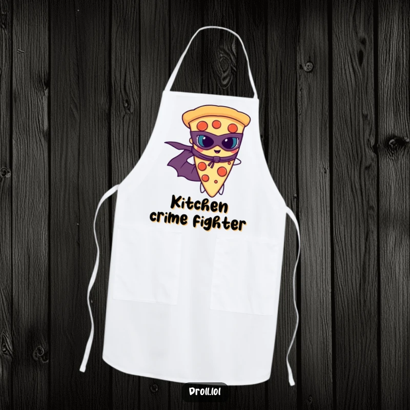 Funny slice of pizza wearing a superhero cape and mask, ready to cook on a fun chef's apron.