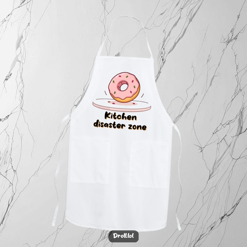 Funny donut depicted rolling off a table in slow motion on a durable apron, perfect for humorous kitchen adventures.