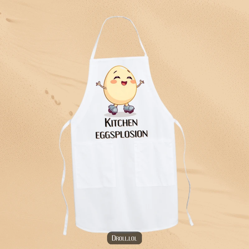 Funny apron design: a giggling egg on roller skates comically falling, ready to add humor to meal preparation.