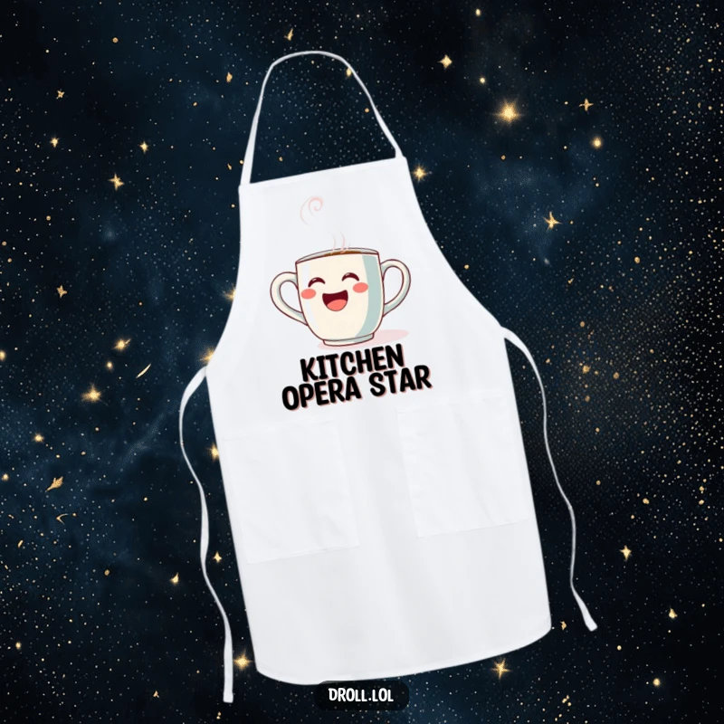 Funny Opera Mug Apron: A coffee mug singing opera with steam, printed on an apron for a humorous cooking experience.