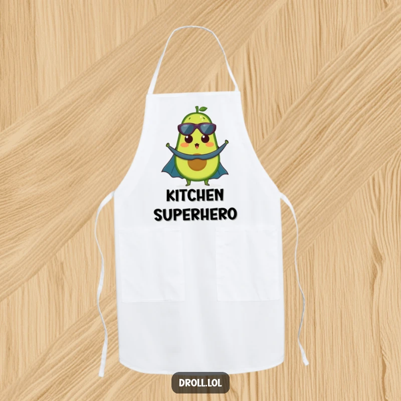 Funny apron: An avocado in a cape strikes a surprised yet heroic pose, ready for kitchen duty with a humorous touch.