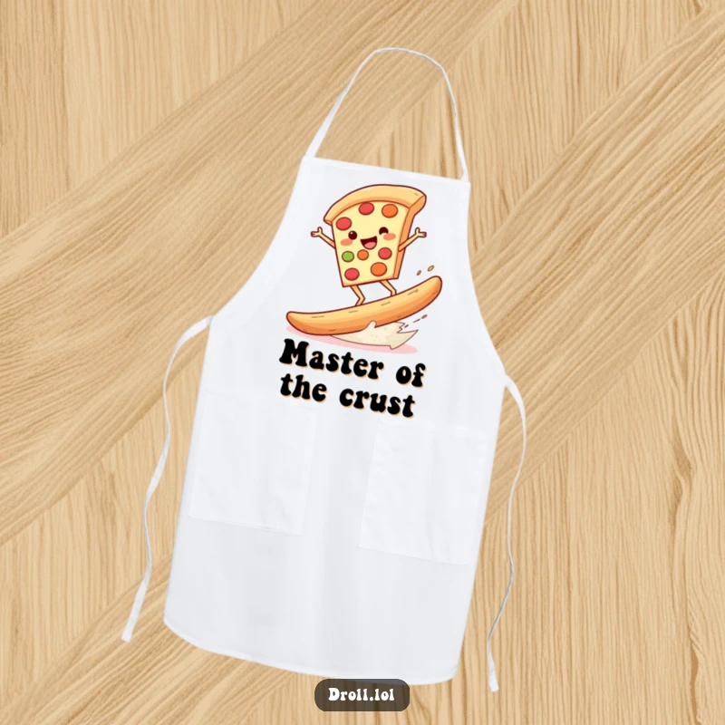 Funny apron showcasing a pizza slice riding a huge breadstick like a surfboard, bringing culinary comedy to the kitchen.