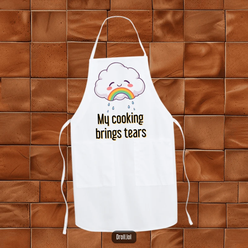 Funny apron depicting a fluffy cloud crying tears of joy, creating a rainbow, bringing cheerful and positive humor to the kitchen.