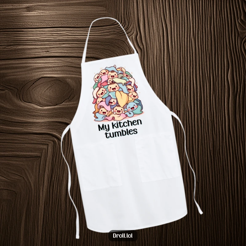 Funny laundry apron depicting a tumbling pile of happy-faced clothes, adding a humorous and cheerful touch to kitchen duties.