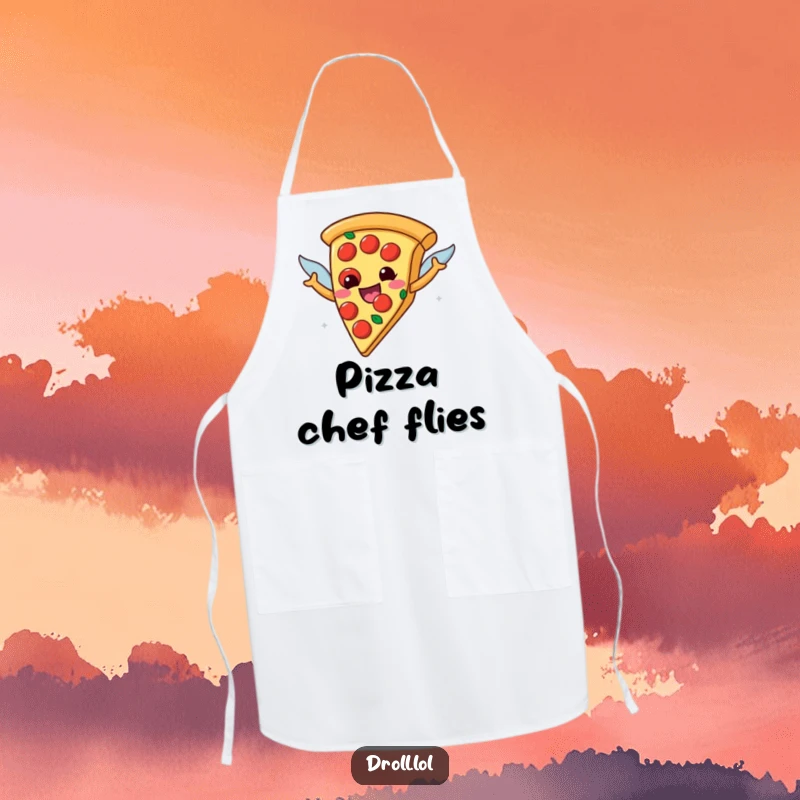 Funny happy pizza slice with pepperoni wings on a chef's apron, a humorous kitchen accessory for culinary flights of fancy.