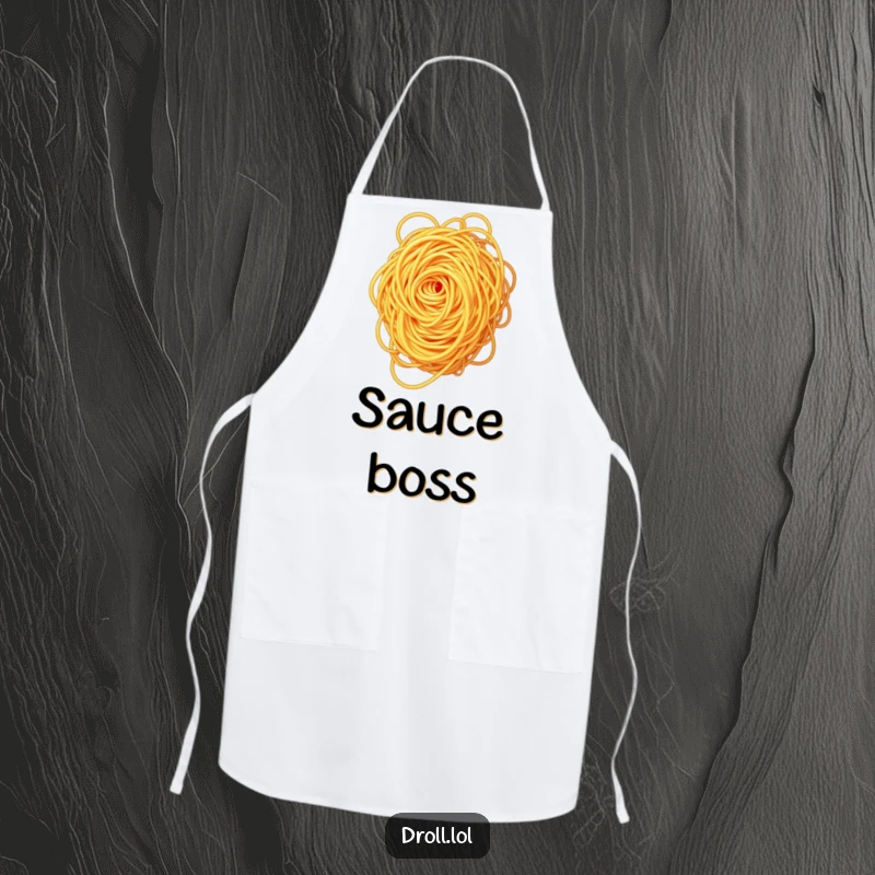 Funny spaghetti swirl apron, practical for chefs, showcasing a tangled mess of spaghetti.