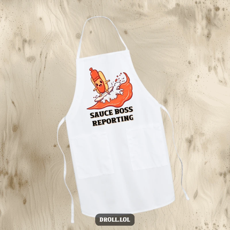 Funny hot dog character surfing majestically on a ketchup wave, depicted on a kitchen apron for a humorous and practical cooking experience.