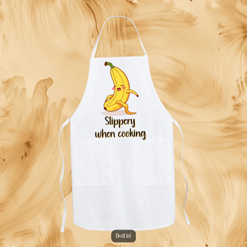 Funny apron illustrating a giggling banana comically slipping on a banana peel with wild, exaggerated limb movements and a shocked, funny face.