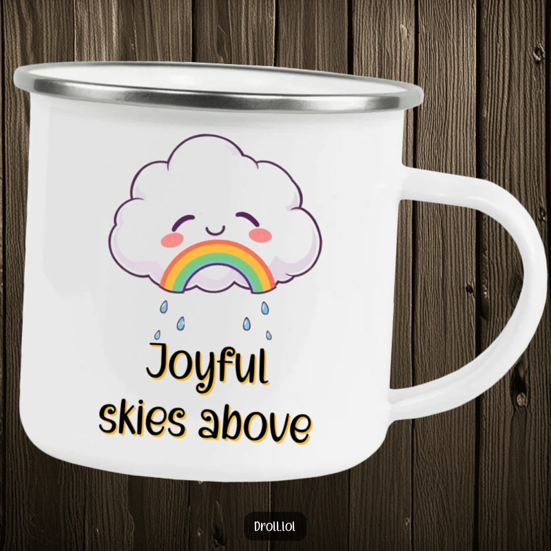 Funny camping mug featuring a fluffy cloud crying tears of joy, creating a rainbow, perfect for enjoying beverages outdoors with a happy vibe.