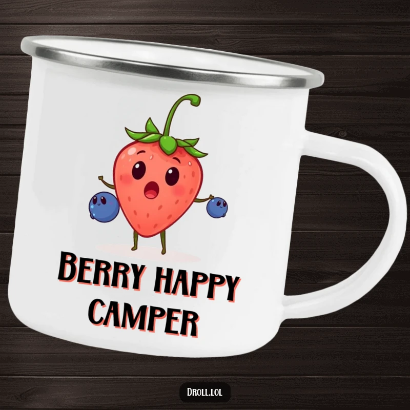 Funny camping mug featuring a surprised strawberry juggling blueberries, perfect for enjoying drinks outdoors with a humorous, fruity vibe.