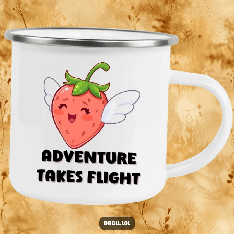 Funny and durable camping mug with a delighted strawberry sporting tiny wings, ready for outdoor escapades.