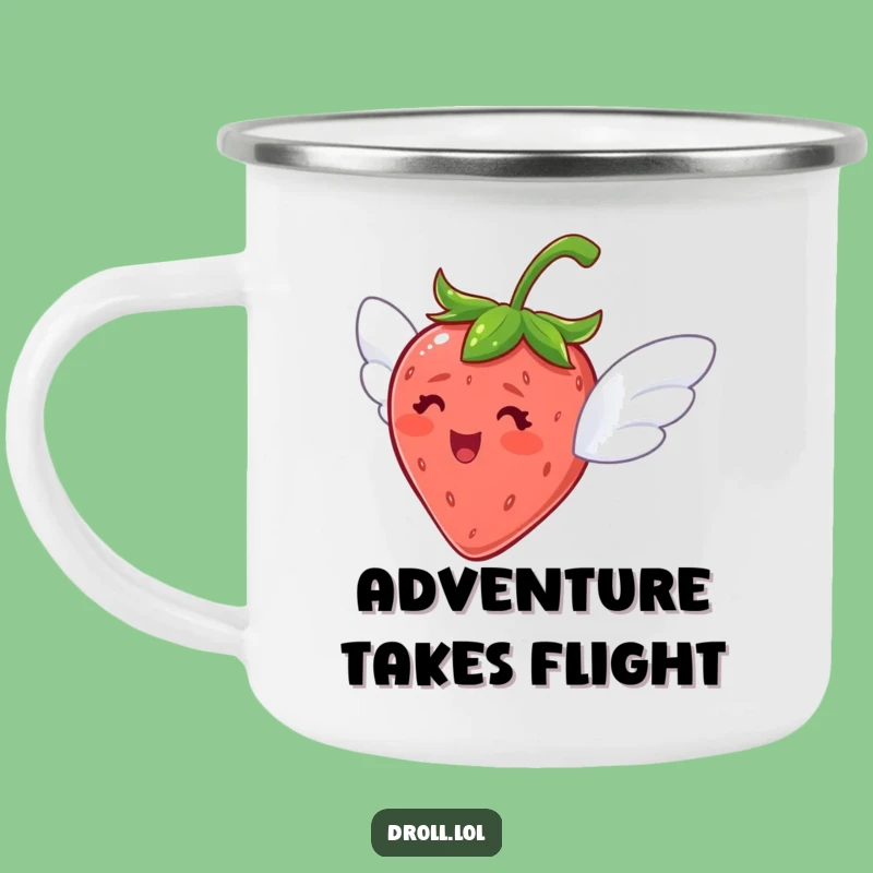 Funny Flying Strawberry Camping Mug: Delighted Explorer, Outdoor Gift!