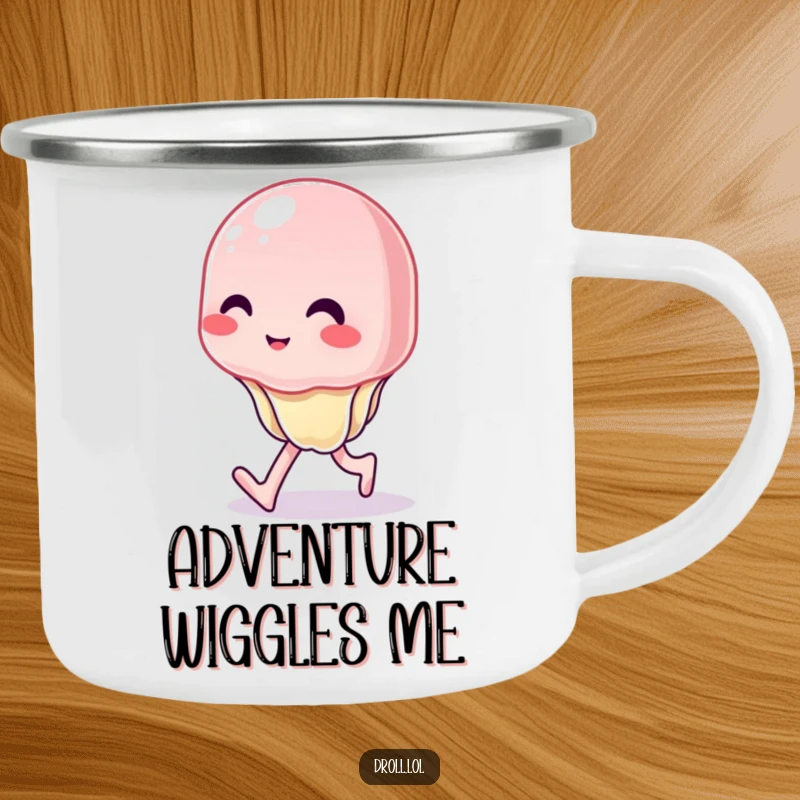 Funny camping mug showing a wobbly jelly character attempting a walk with uncontrolled wiggles, great for outdoor humor.