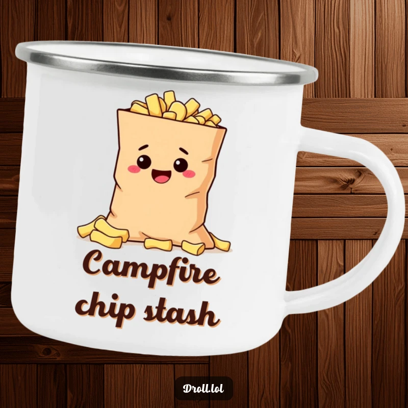 Funny mischievous potato hiding behind a giant bag of chips on a durable enamel camping mug.