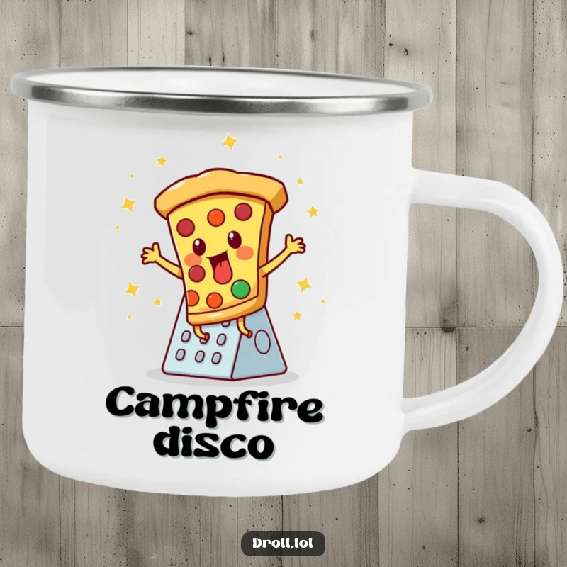 Funny camping mug: A pizza slice disco dancing on a cheese grater, perfect for outdoor enjoyment and humorous sipping.
