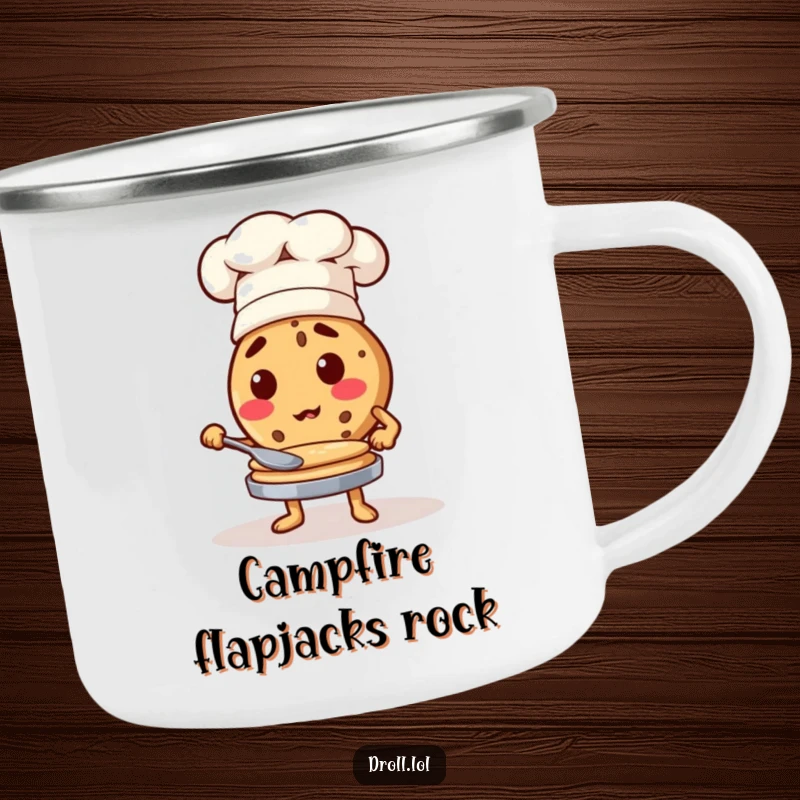 Funny cookie chef flipping pancakes, a humorous and durable camping mug for outdoor cooks.