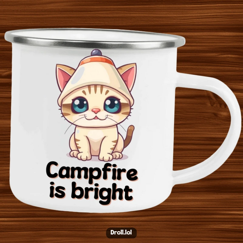 Funny Camping Mug featuring a mischievous cat comically wearing a lampshade as a hat, ready for outdoor fun.