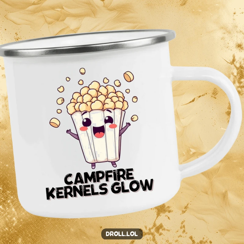 Funny camping mug featuring a mischievous popcorn bag character bursting with kernels, perfect for outdoor fun, a great funny gift.