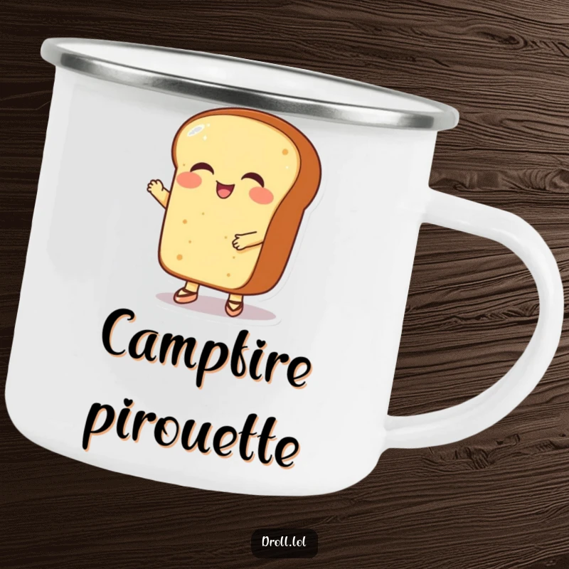 Funny giggling bread loaf wearing tiny ballet shoes, ready for campfire fun on an enamel mug.