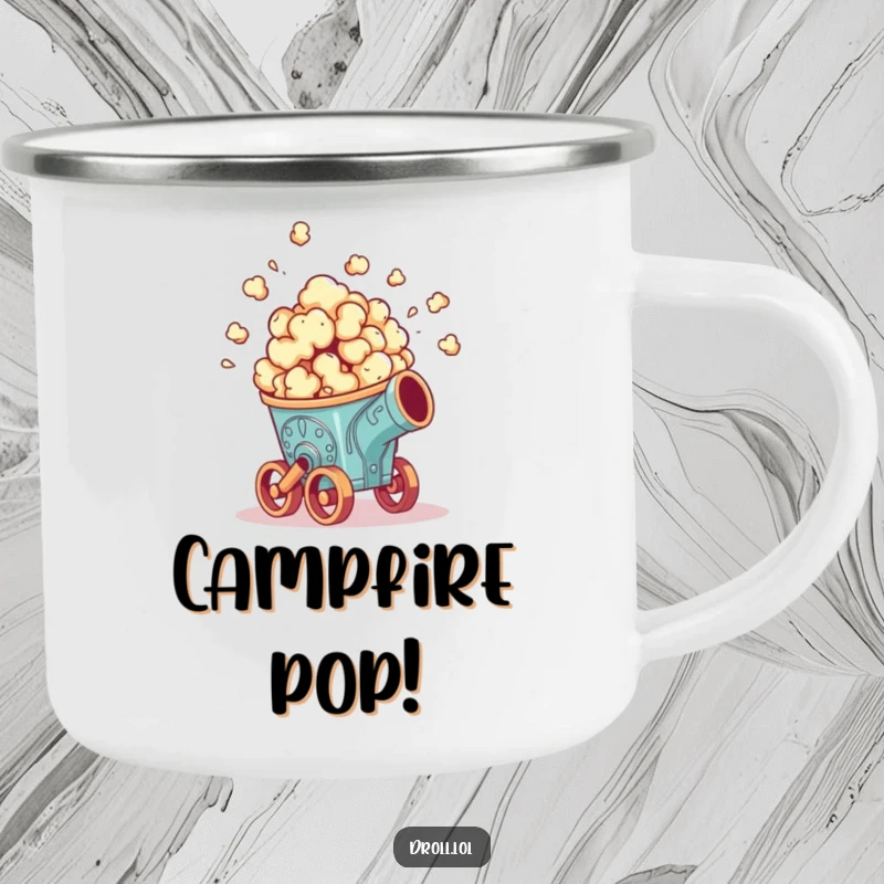 Funny camping mug: Popcorn erupting from a tiny, ornate cannon, designed for rugged adventures and humorous outdoor enjoyment.