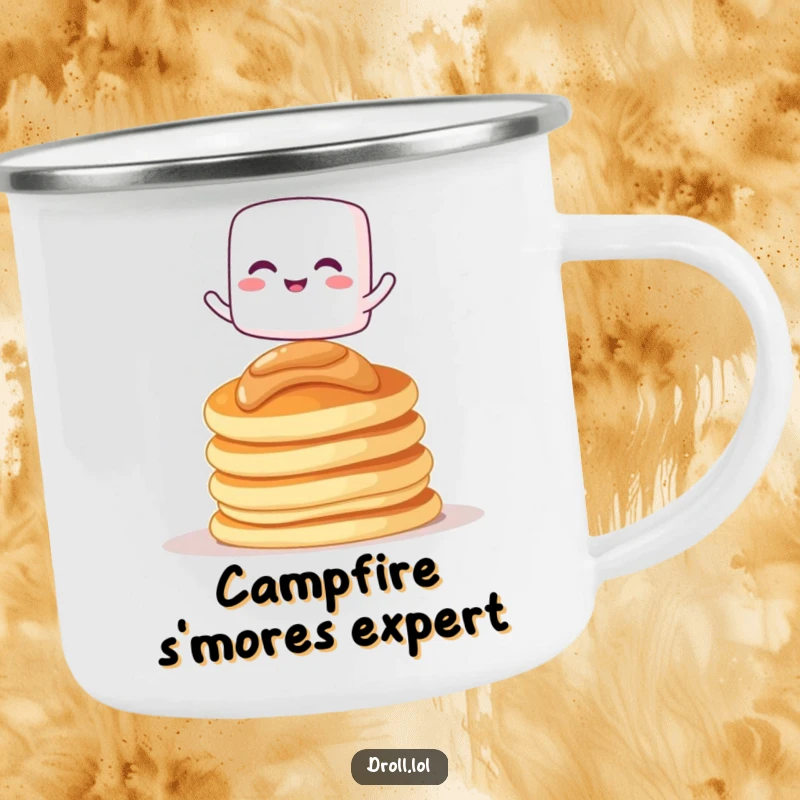 Funny camping mug with a giggling marshmallow character balancing on pancakes, ideal for outdoor enjoyment.