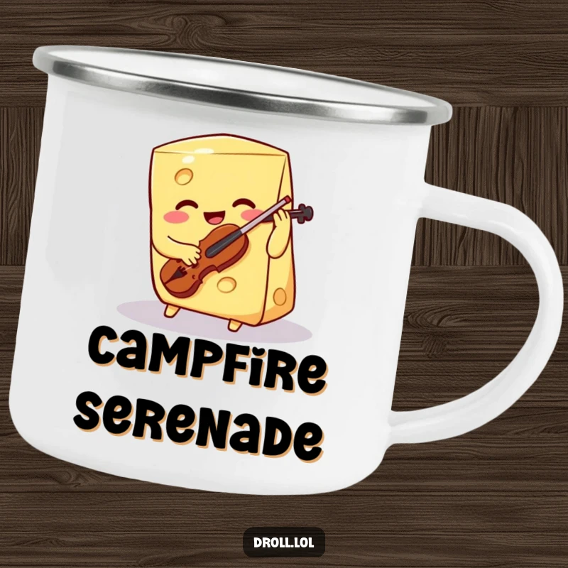 Funny smiling cheese wedge playing a tiny violin on a camping mug, a humorous and artistic companion for outdoor journeys.