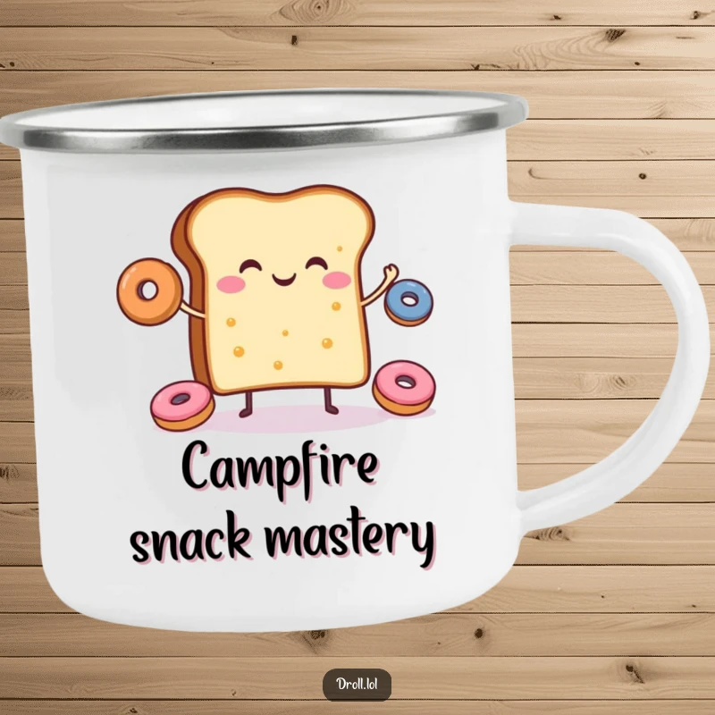 Funny and durable camping mug with a happy slice of toast juggling donuts, perfect for outdoor enjoyment.