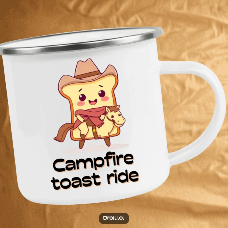 Funny Cowboy Bread Camping Mug: A bread slice cowboy riding a butter pat, perfect for camping.