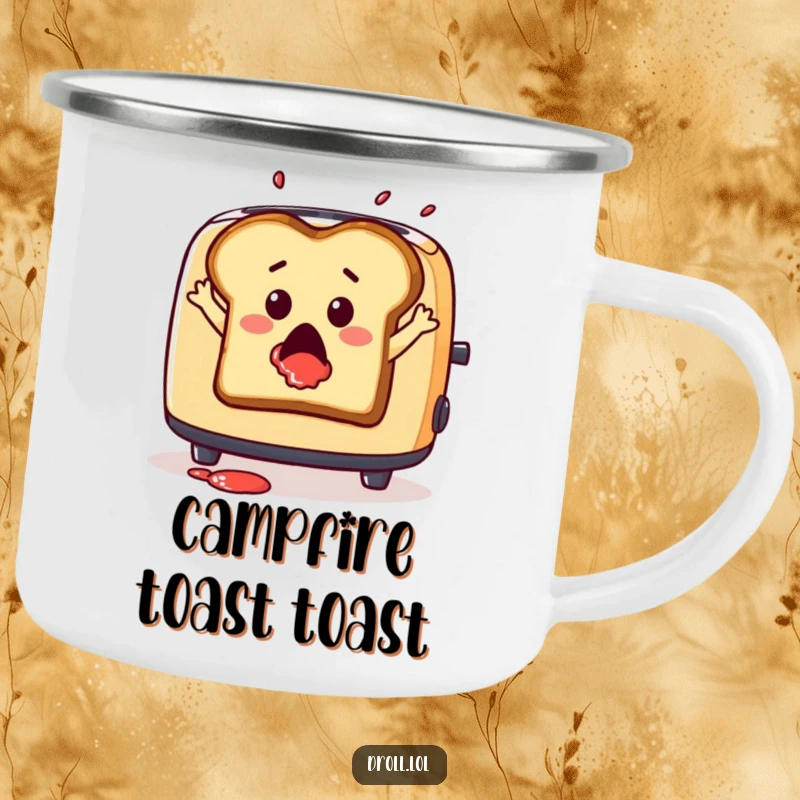 Funny camping mug with a surprised slice of toast leaping from a toaster with jam splatter, for outdoor humor.